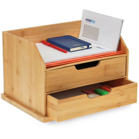 Relaxdays Desk Organiser, 2 Drawers, H x W x D: 24 x 36 x 28 cm, Bamboo, Natural