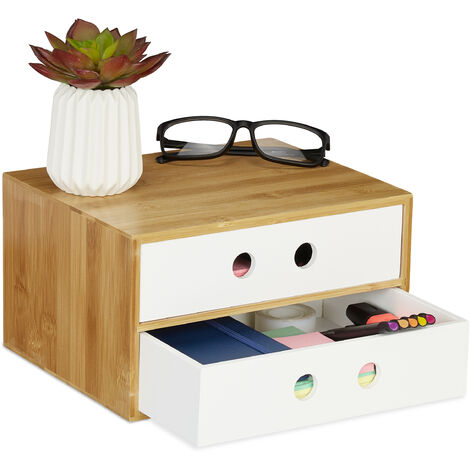 Relaxdays Desk Organiser, 2 Drawers, Office Storage Box, HxWxD: 14 x 25 x 20 cm, Bamboo & MDF, White