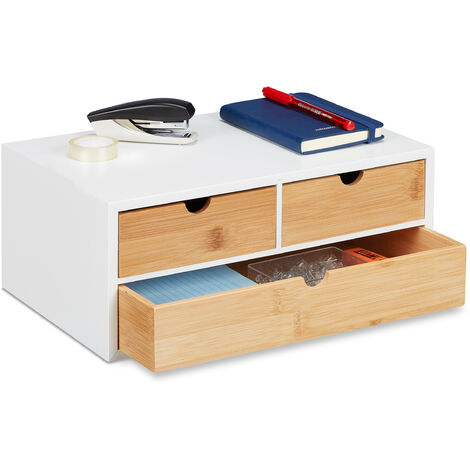 Relaxdays Desk Organiser, 3 Drawers, for Office Supplies, H x W x D: 14 x 33 x 21 cm, Bamboo & MDF, White/Natural