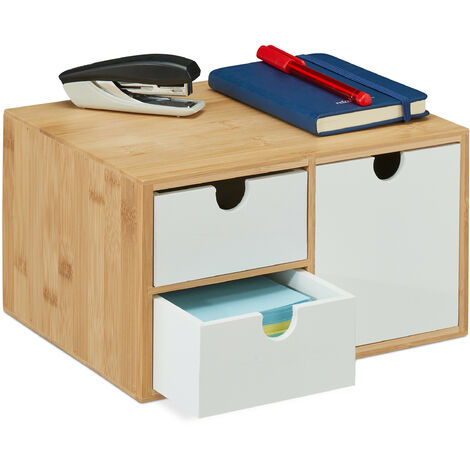 Relaxdays Desk Organiser, 3 Drawers, for Office Supplies, H x W x D: 14.5 x 25 x 20 cm, Bamboo & MDF, White/Natural