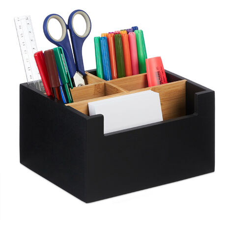 Relaxdays Desk Organiser, Bamboo, 5 Compartments, for Office Supplies & Cosmetics, Pen Holder, 9.5 x 18 x 15 cm, Black