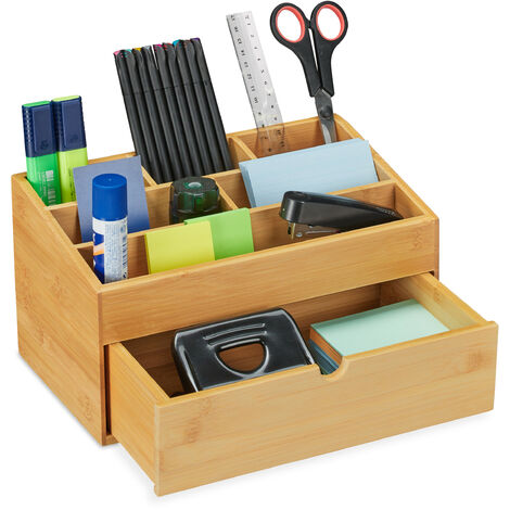 Relaxdays Desk Organiser, Drawer, 6 Compartments, Dimensions H x W x D: 15 x 28 x 16.5 cm, Bamboo, Natural