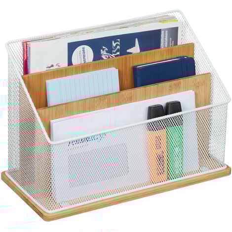 Relaxdays Desk Organiser, Metal & Bamboo, 3 Compartments, Letter Tray, Paper Stand, HWD: 20 x 29 x 14 cm, White/Natural
