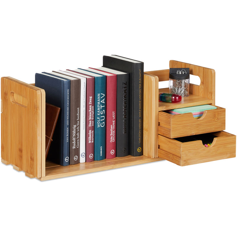 Desk Organizer Bamboo, 2 Drawers, Pull-out Bookshelf, Shelf Tabletop Organiser, HxWxD: 21 x 80.5 x 19 cm, Natural - Relaxdays