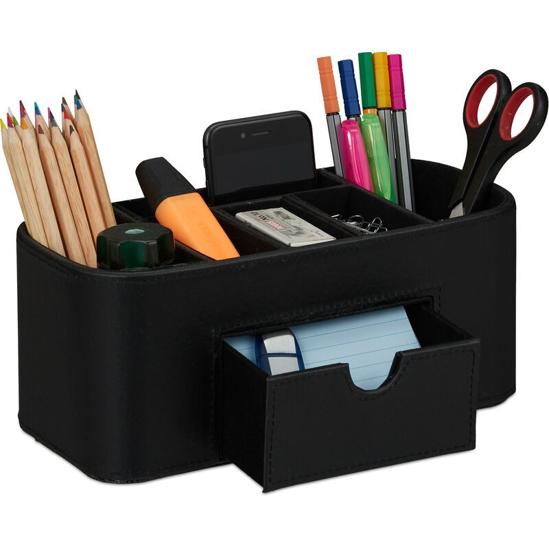 Relaxdays - Desk Organiser, 7 compartments, Leather-look Pen Holder, h x w x d: 10.5 x 26 x 11.5 cm, Black