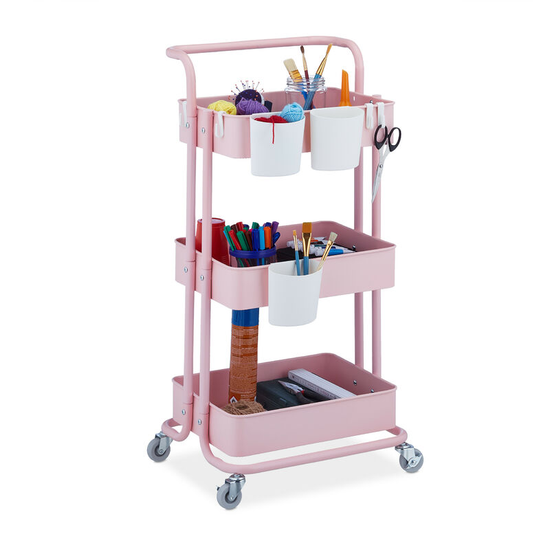 Desserte à roulettes, 3 niveaux, 2 freins, multi-usage pour cuisine & bureau, en métal, hlp : 86x38x39cm, rose - Relaxdays