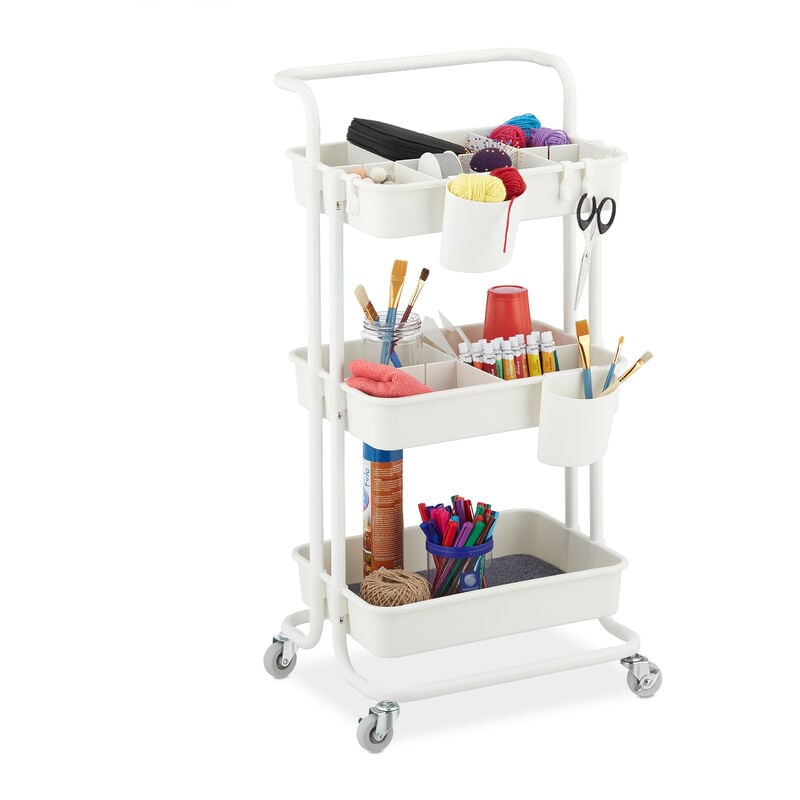 Desserte à roulettes, 3 niveaux, 2 freins, multi-usage pour cuisine et bureau, métal, hlp : 86x43x42cm, blanc - Relaxdays