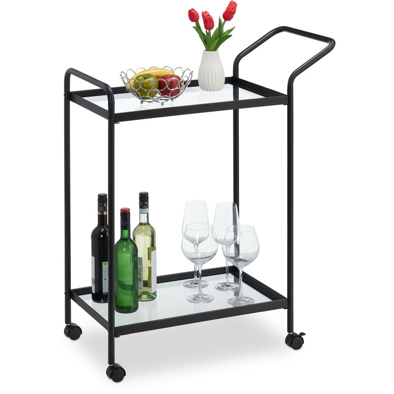 Desserte de cuisine, 2 étages, chariot service moderne, HxLxP : 93x41x77 cm, roulettes, verre et métal, noir - Relaxdays