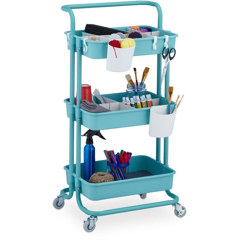 Desserte à roulettes, 3 niveaux, 2 freins, multi-usage cuisine et bureau, métal, hlp : 86x43x42 cm, turquoise - Relaxdays