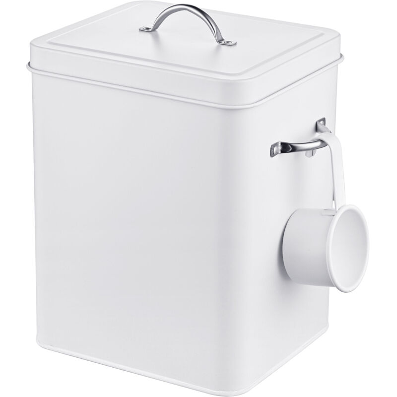Relaxdays Detergent Box 6l Metal, Washing Powder Container With Measuring Spoon, Retro Design, Pet Food Container, White