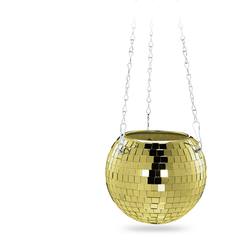Relaxdays Disco Ball Planter, Hanging Flower Pot, Glass, H X D, 13 X 15 Cm, Flower Hanging Basket, Gold