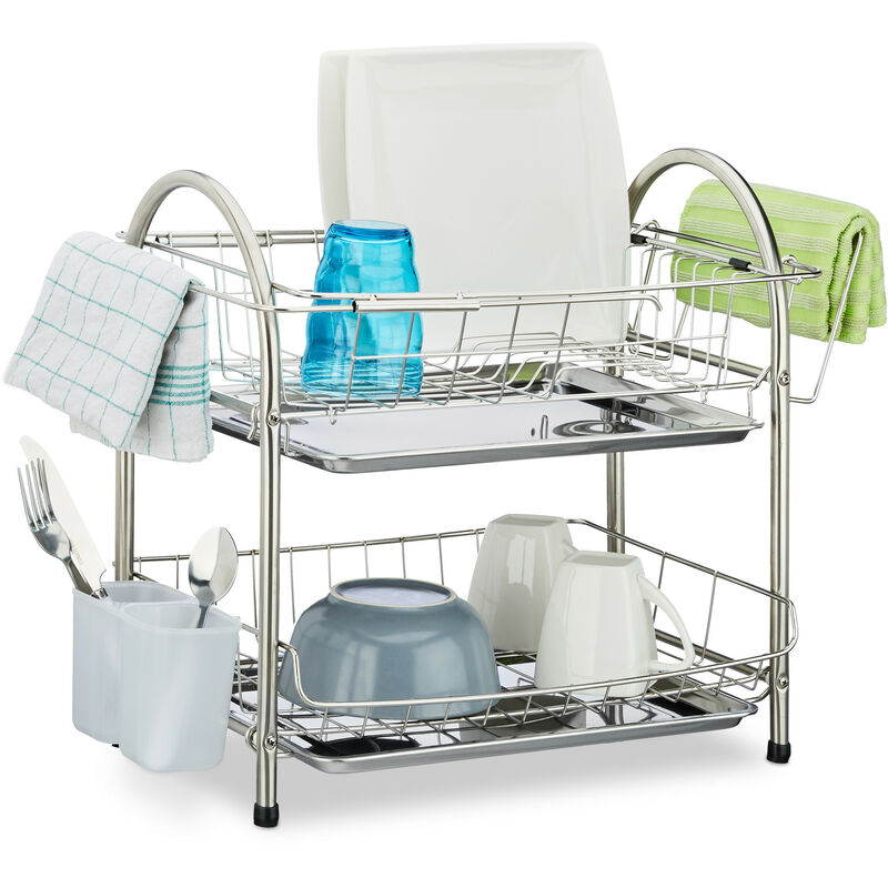 Dish Drainer with 2 Tiers, Cutlery Holder, Dish Rack, Drip Tray, Stainless Steel, HxWxD: 39.5 x 60 x 22 cm, Silver - Relaxdays