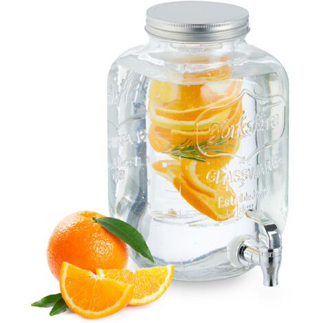 Relaxdays Distributeur de boisson, en verre, avec compartiment et couvercle, volume : 5 litres, transparent