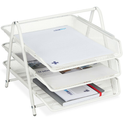 Relaxdays Document Tray Metal, 3 Shelves, Grid Design, Office, for A4, Letter Rack, HxWxD: 26.5 x 29.5 x 35.5 cm, White