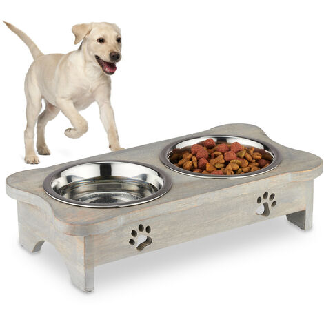 Relaxdays Dog Bowls with Stand, 2 Dishes, Raised Feeder, Paw Design, 750 ml Each, Mango Wood & Stainless Steel, Grey