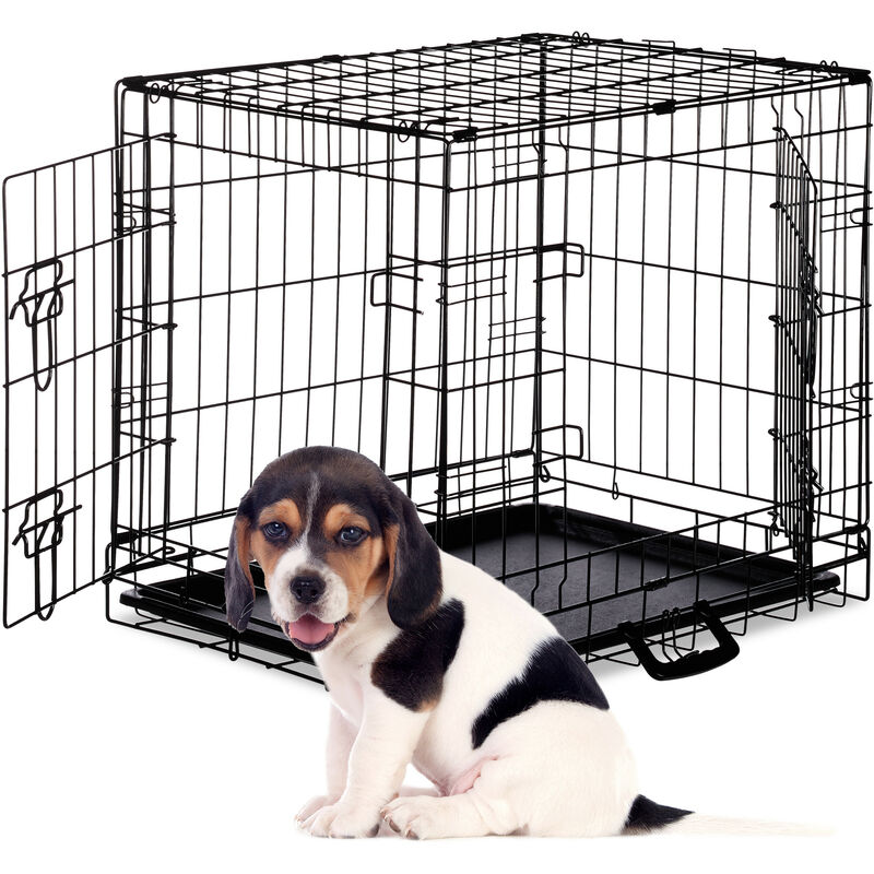 Dog Cage, Folding Transport Crate, Whelping Pen, 2 Doors, Floor Tray, Metal, m, Black - Relaxdays