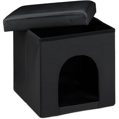 Relaxdays Dog House Ottoman, Size: 38 x 38 x 38 cm Sturdy Seat Box with Practical Hole for Pets, Dog and Cat Box made of High Quality Faux Leather with Removable Lid for the Living Room, Black