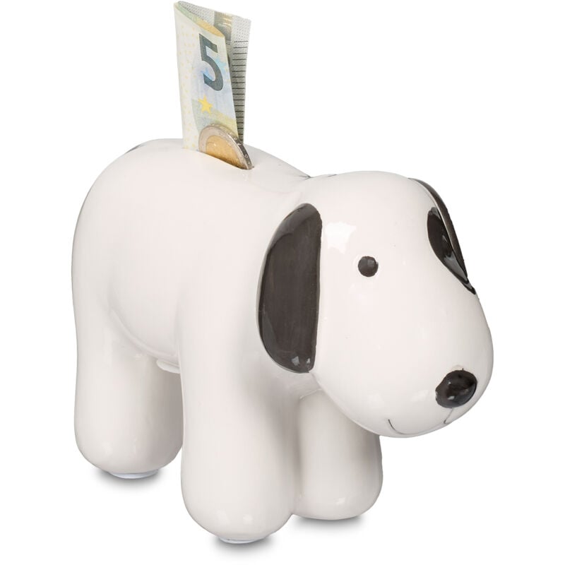 Dog Money Box, Tip Jar for Coins & Notes, Savings, Piggy Bank with Slot, hwd 12x21x9 cm, Ceramic, Black/White - Relaxdays