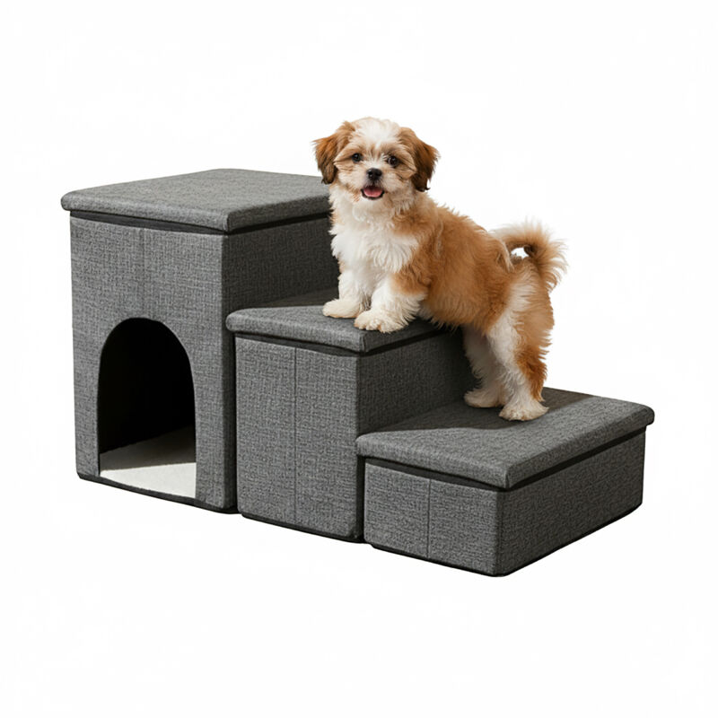 Relaxdays Dog Stairs, 3 Steps, Cave & Storage, Hxwxd, 43 X 75 X 33 Cm, Foldable, Ramp For Bed & Sofa, Dark Grey