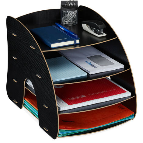 Relaxdays Dokumentenablage, 4 Fächer, Briefablage, Büro Organizer für A4 Papier, HxBxT: 27 x 25,5 x 34,5 cm, schwarz