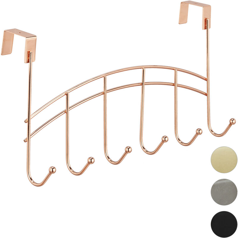 Door Coatrack, Curved Hook Bar, Hanging, 6 Hooks, Metal, 21x40x10.5 cm, Copper - Relaxdays