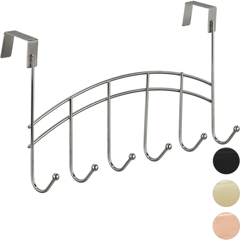 Door Coatrack, Curved Hook Bar, Hanging, 6 Hooks, Metal, 21x40x10.5 cm, Silver - Relaxdays
