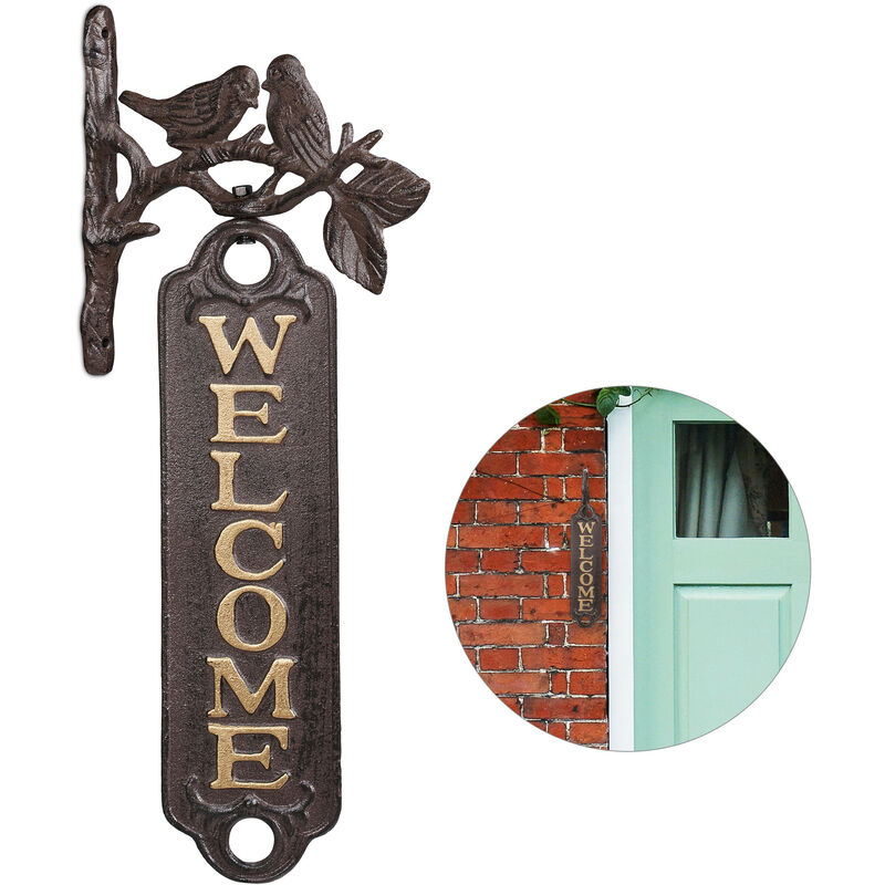 Relaxdays Door Sign Birds Welcome, Decorative Cast Iron Greeting Plaque, Vintage Garden Wall Décor, 39.5 cm, brown/gold