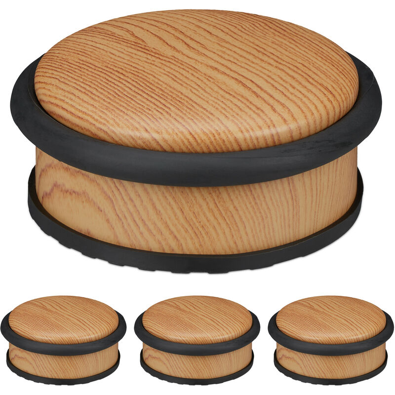 Relaxdays Set of 4 Door Stoppers, for Heavy Doors, Stainless Steel, Rubber, Wood Effect, HxØ: 5 x 10.5 cm, Light Brown