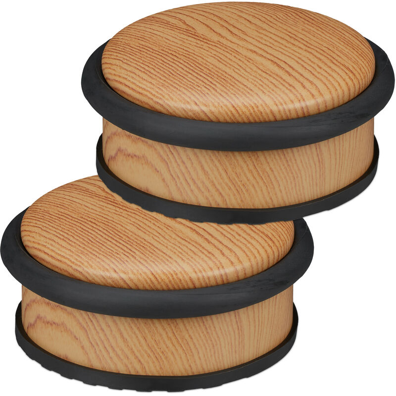 Relaxdays Set of 2 Door Stoppers, for Heavy Doors, Stainless Steel, Rubber, Wood Effect, HxØ: 5 x 10.5 cm, Light Brown