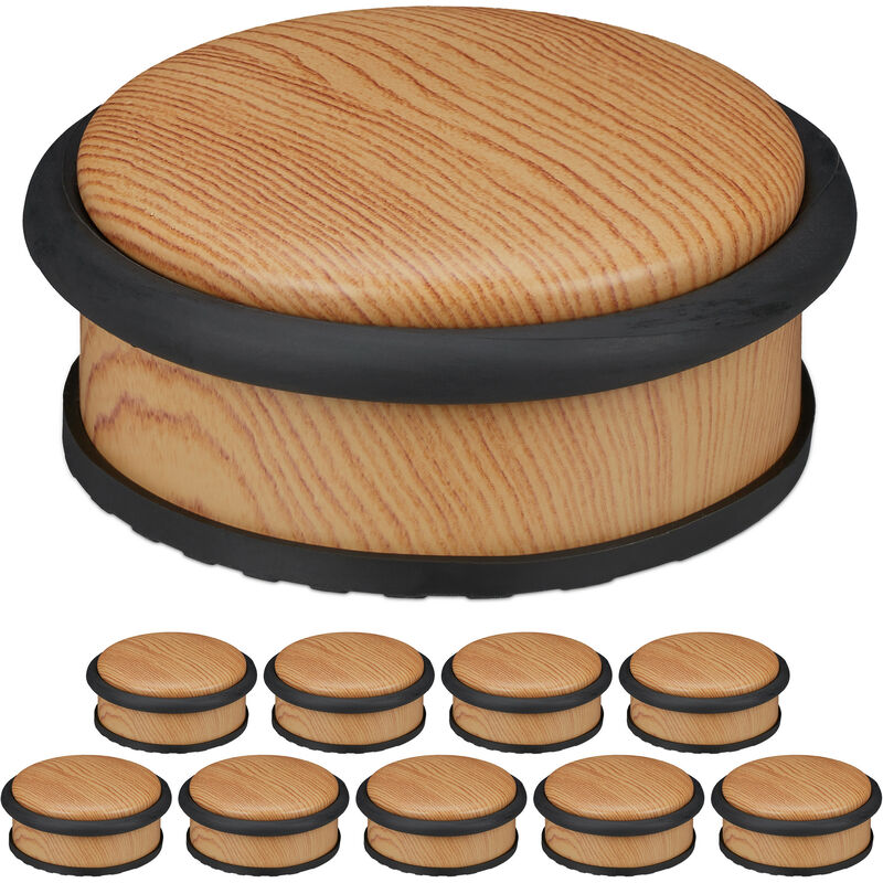 Relaxdays Set of 10 Door Stoppers, for Heavy Doors, Stainless Steel, Rubber, Wood Effect, HxØ: 5 x 10.5 cm, Light Brown