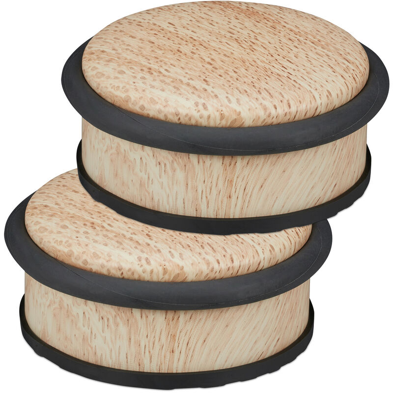 Relaxdays Set of 2 Door Stoppers, for Heavy Doors, Stainless Steel, Rubber, Low, Wood Effect, HxØ: 5 x 10.5 cm, Natural