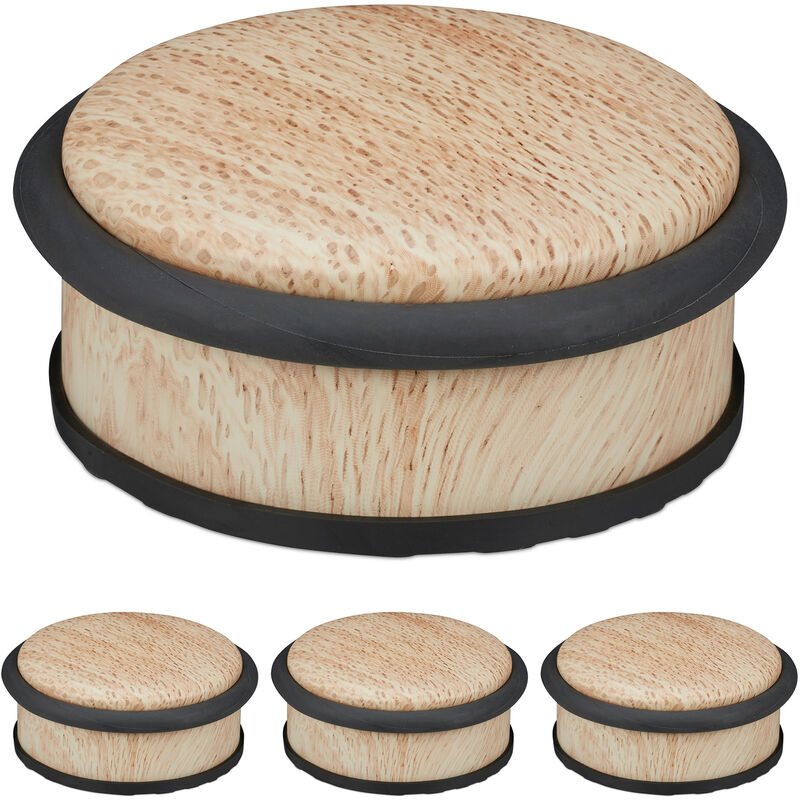 Relaxdays Set of 4 Door Stoppers, for Heavy Doors, Stainless Steel, Rubber, Low, Wood Effect, HxØ: 5 x 10.5 cm, Natural