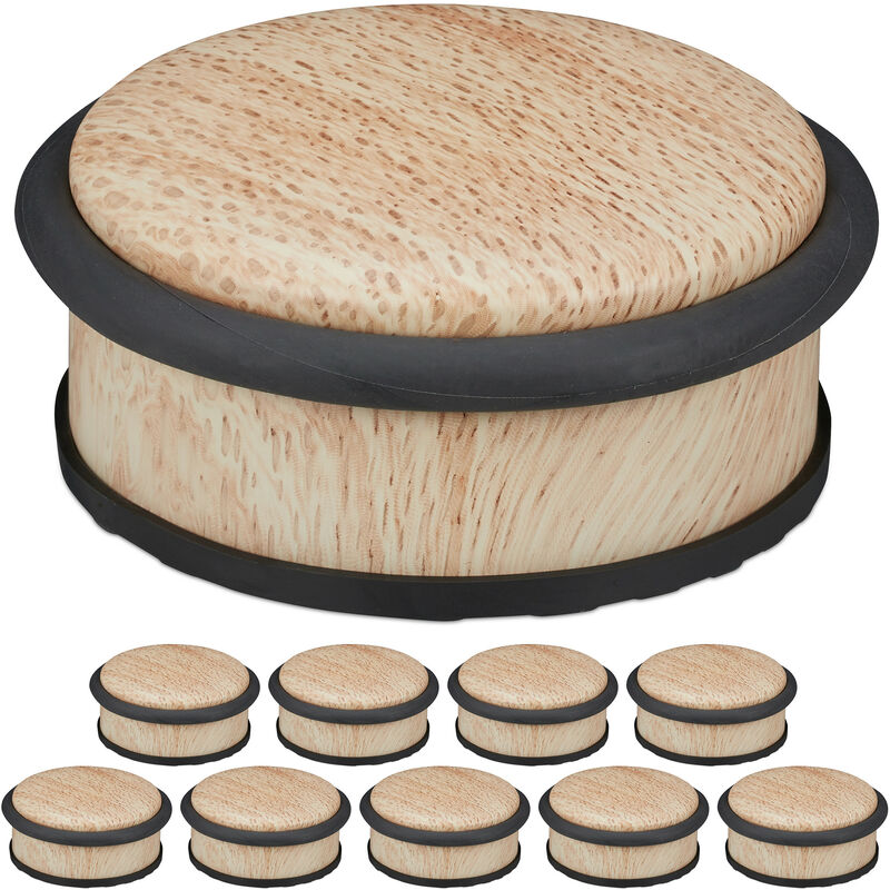 Relaxdays Set of 10 Door Stoppers, for Heavy Doors, Stainless Steel, Rubber, Low, Wood Effect, HxØ: 5 x 10.5 cm, Natural