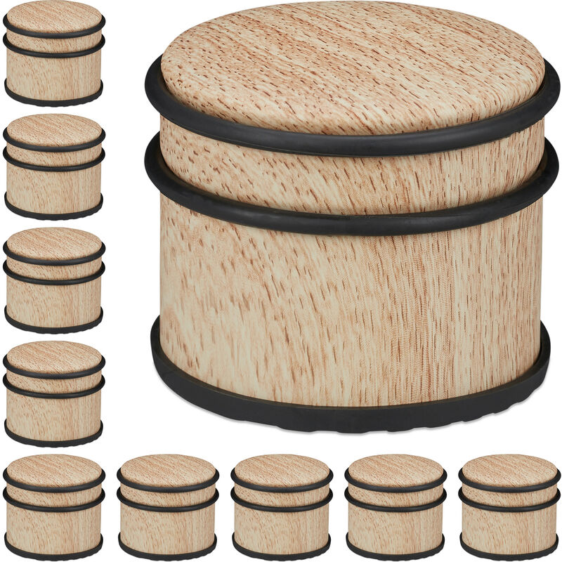 Relaxdays Set of 10 Door Stoppers, Stainless Steel & Rubber, Wood Effect, Heavy Doorstopper, HxØ: 8 x 9.5cm, Light Brown