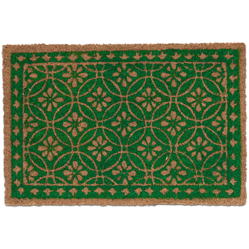 Relaxdays Coconut Doormat, Anti-slip, Welcome Mat, Indoor & Outdoor, Floral Pattern, 1.5 X 60 X 40 Cm, Natural/green