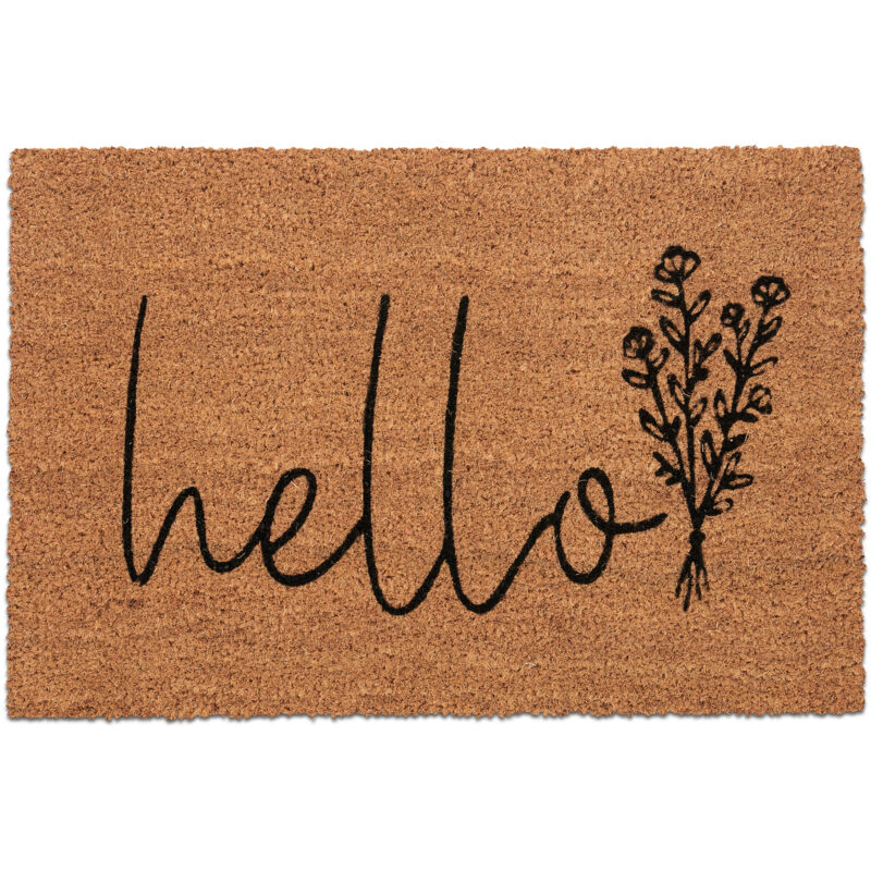 Relaxdays Coconut Doormat, Anti-slip, Welcome Mat, Indoor & Outdoor, With Hello Print, 1.5 X 60 X 40 Cm, Natural/black