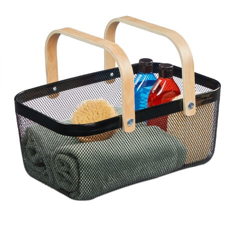 Relaxdays Drahtkorb mit Henkel, eckig, Aufbewahrungskorb Metall & Holz, Utensilienkorb Küche, Bad, Wohnzimmer, schwarz