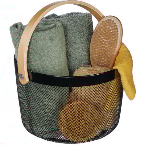 Relaxdays Drahtkorb mit Henkel, rund, Aufbewahrungskorb Metall & Holz, Utensilienkorb Küche, Bad, Wohnzimmer, schwarz