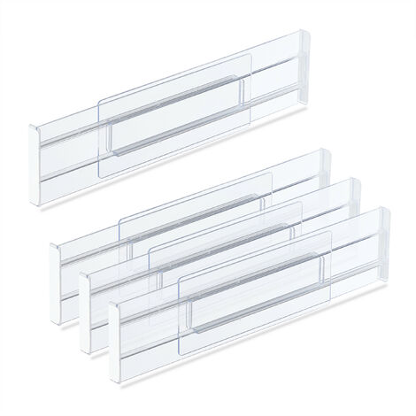 Relaxdays Drawer Divider, 4-Piece Set, Adjustable Length from 28 to 52.5 cm, Kitchen Storage, Organiser, Plastic, Clear