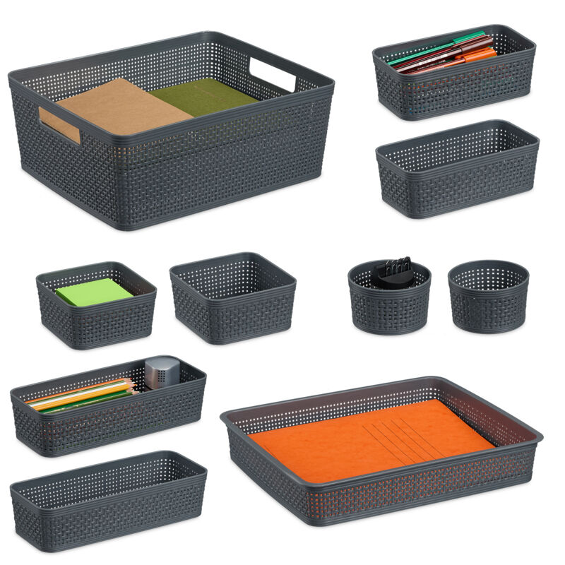 Relaxdays - Drawer Organiser 10-piece set, drawer insert, various sizes, storage system, plastic organiser boxes, grey.