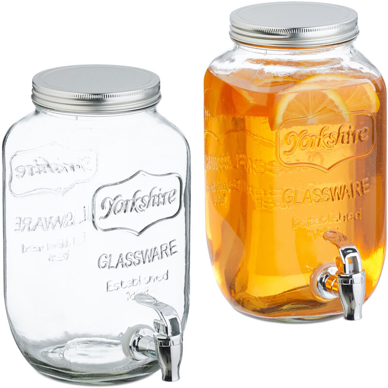Set Of 2 Drink Dispensers, 3.5l Beverage Container, Party Accessory, Tap And Lid, Glass & Plastic, Transparent - Relaxdays