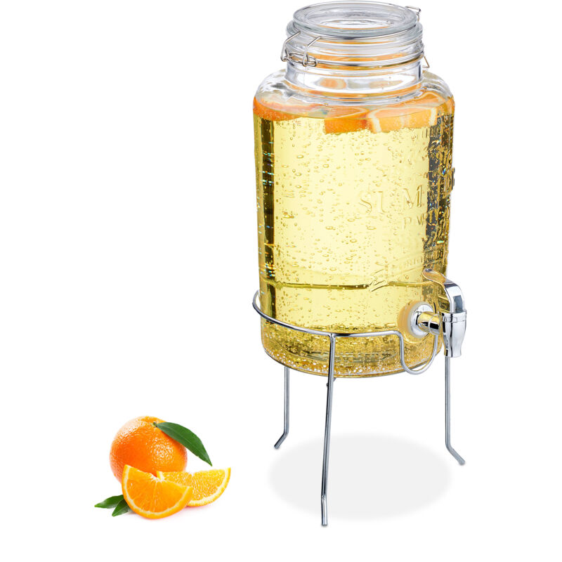 Relaxdays - Drinks Dispenser With Stand, 5 Litres, With Tap, Water Pitcher, Beverage Container, Clip Top, Transparent