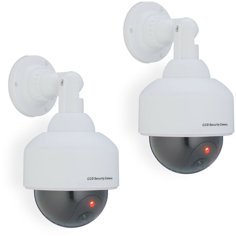 Relaxdays 2x Dummy Camera, Fake Security, Flashing Led Light, Indoor, Outdoor, Burglar Deterrent, 23.5x12.5x14 Cm, White