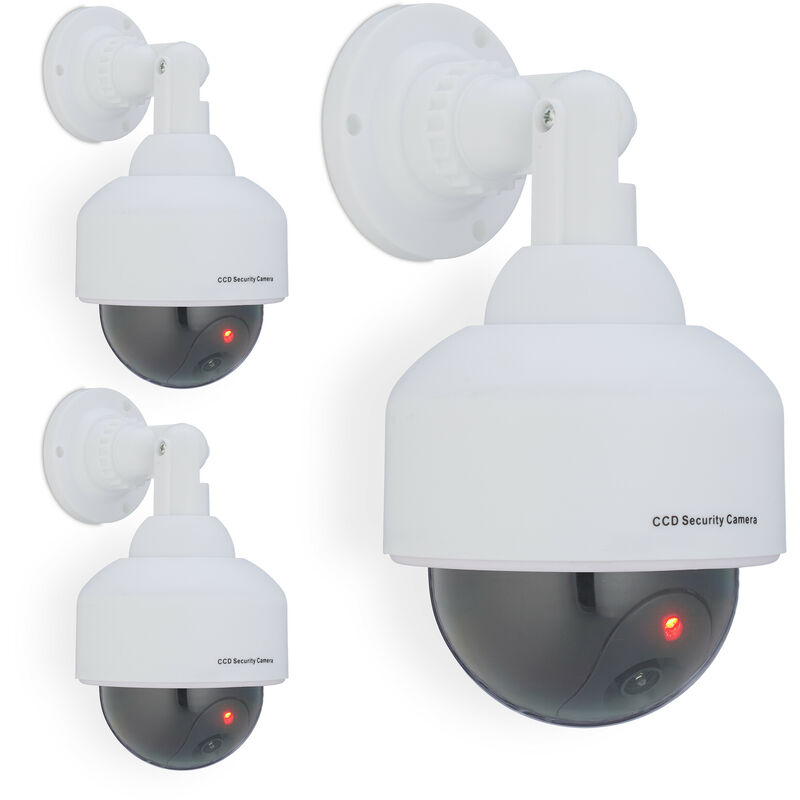 Relaxdays 3x Dummy Camera, Fake Security, Flashing Led Light, Indoor, Outdoor, Burglar Deterrent, 23.5x12.5x14 Cm, White