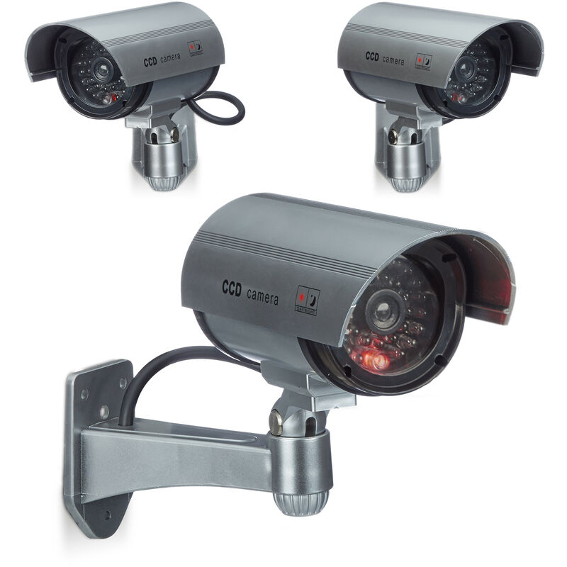 Relaxdays Dummy Camera, 3x Set, Flashing Led Light, Indoor & Outdoor, Burglar Deterrent, Wireless, Silver