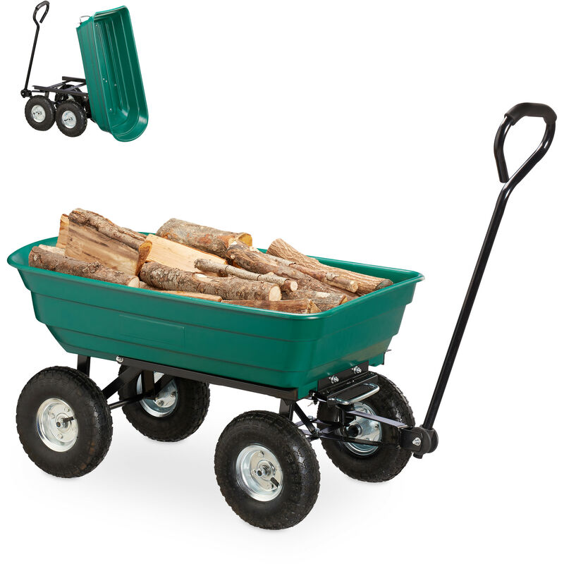 Wheelbarrow, Dump Cart, Garden Wagon Tipping Function, Steering Axle, Up To 200kg, 3.50-4' Tyres, Green - Relaxdays