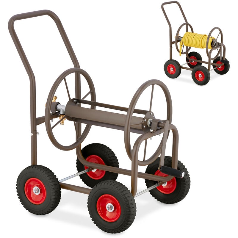 Dévidoir arrosage, jusqu'à 60 m de tuyau, 4 roues à caoutchouc dur, attelage à clic, enrouleur, marron - Relaxdays