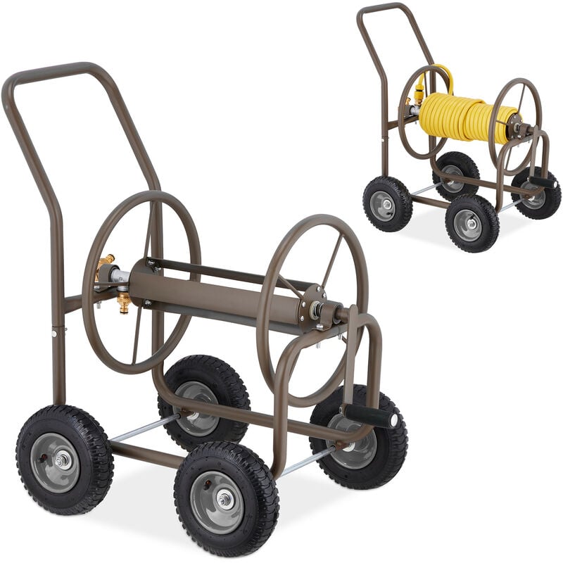 Dévidoir tuyau d'arrosage, jusqu'à 60 m de tuyau, 4 roues à air, attelage à clic, chariot métal, marron - Relaxdays