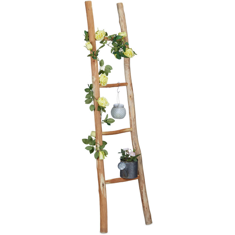 Relaxdays - Echelle décorative en bois, 150 cm, jardin, 4 barres, châtaignier, artisanal, habits et serviettes, nature