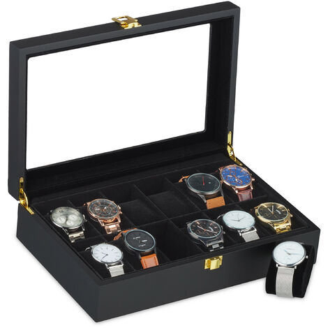 Relaxdays Écrin 12 montres, vitrine verre, coussinet velours, HxLxP: 8,5 x 31,5 x 21 cm, boite montres-bracelet, noir